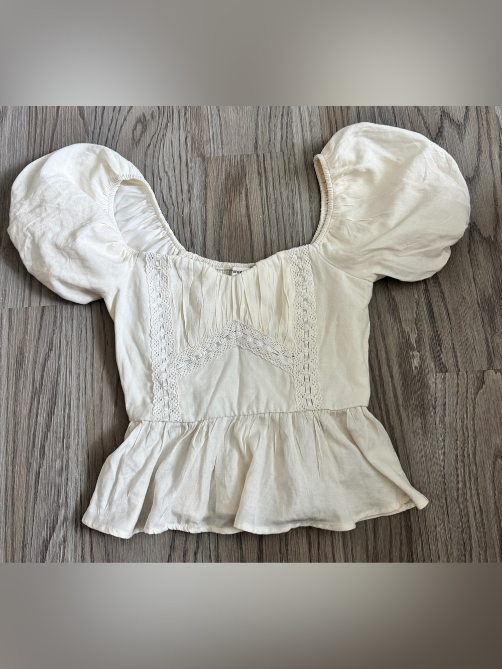 Francesca’s Cream Puff Sleeve Peplum Top Size Small Cottagecore Coquette Blouse